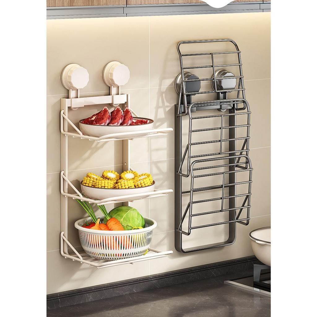 Suction Cup Storage Rack, Kitchen Wall Mounted Multifunctional Side Dish Tray, Foldable Multi-layer Fruit and Vegetable Storage Rack
