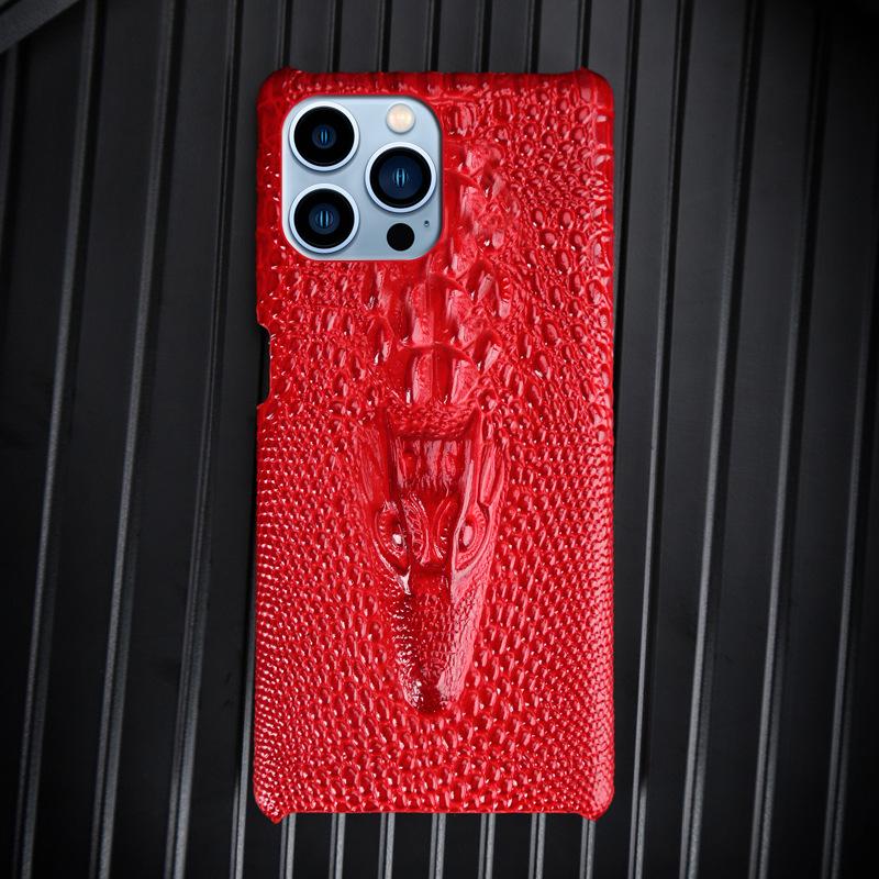 iPhone 11/13 Pro Max & Apple 14 Case: 3D Crocodile Head Genuine Cowhide Leather