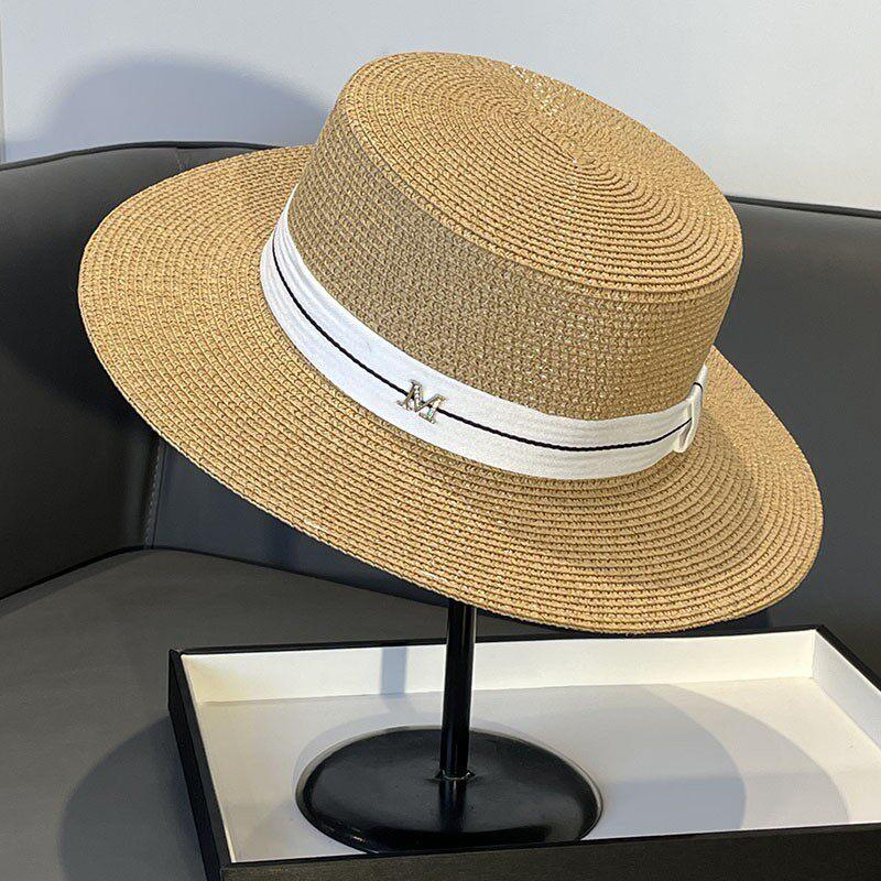 Elegante Cappello Piatto Stile Socialite Francese Intrecciato con Perle Cappello Parasole Estivo da Spiaggia per Donne