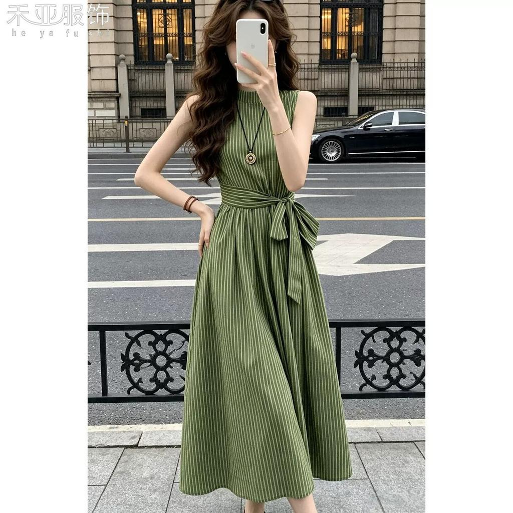 French Gentle Wind Green Striped Sleeveless Vest Dress Summer Simple and Generous Waist a Word Small Skirt