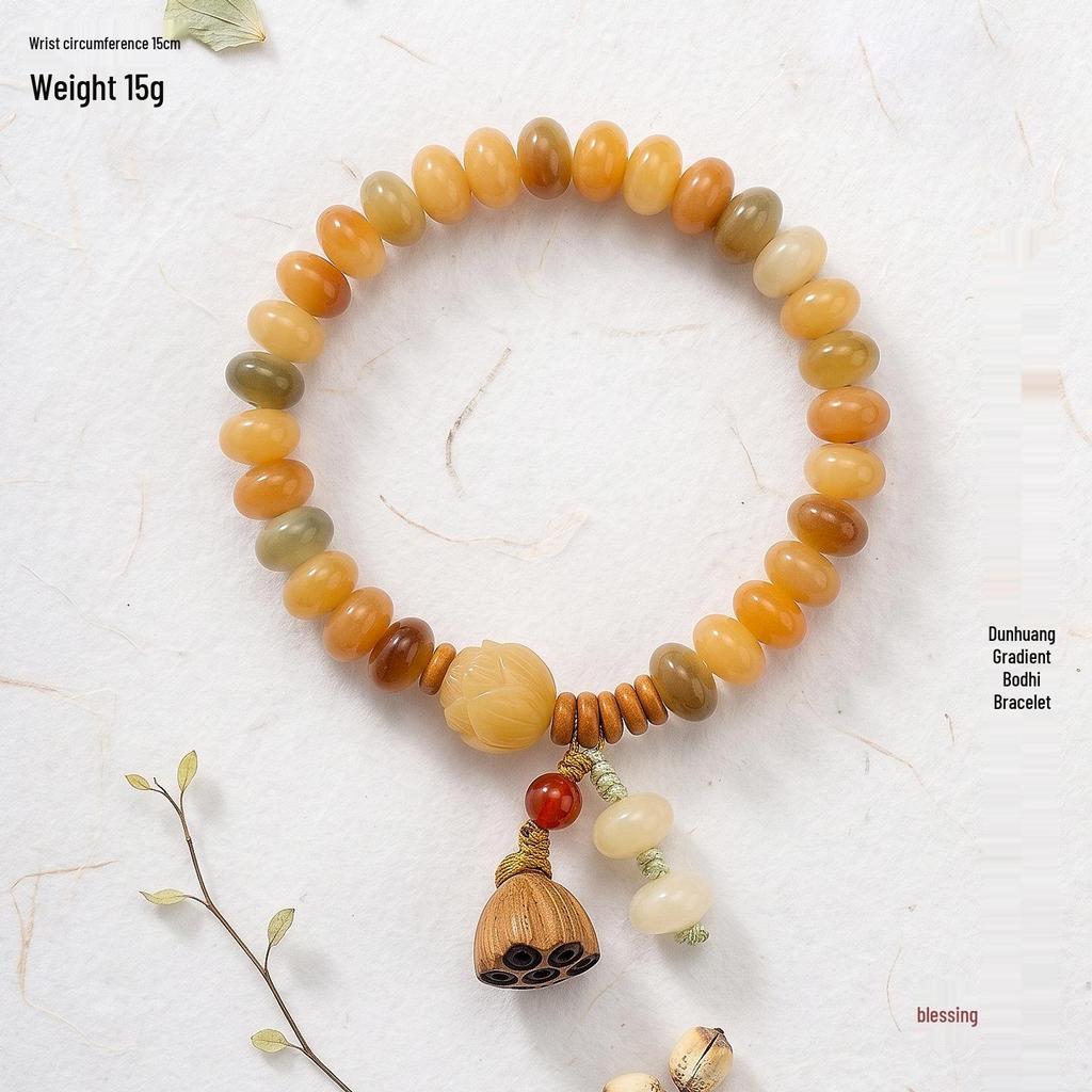 Pulsera de Topacio Crema Raíz Bodhi: Cuentas budistas unisex de doble círculo con motivos de ábaco y loto