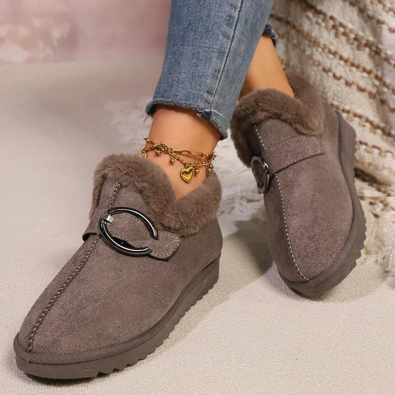Módní dámské kotníkové boty s kulatou špičkou, neformální, nové 2025, huňaté teplé sněhule pro ženy, s přezkou, plyšové, zimní, pohodlné, venkovní, ploché boty pro ženy