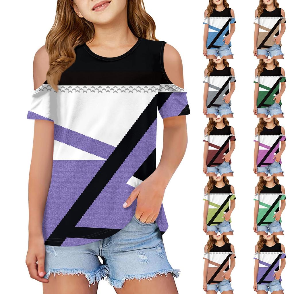 Children Summer Fashion T-shirt Dew Shoulder Round Collar Stripe Leisure Coat