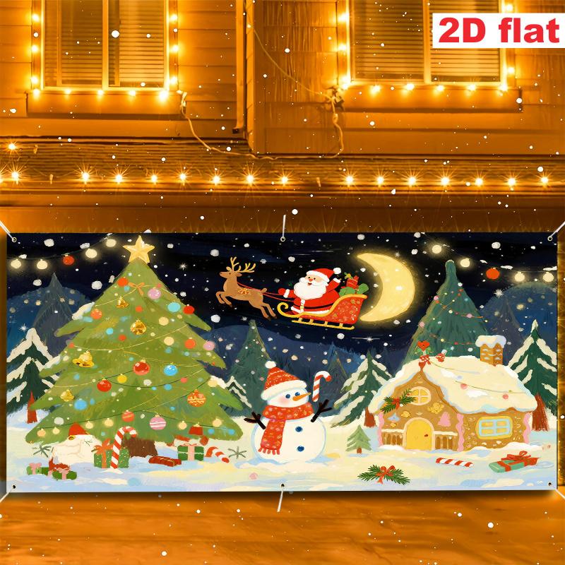 1pc 2D Flat Christmas Party Banner Santa and Snowman Design with Snowy Village Scene No Power Required