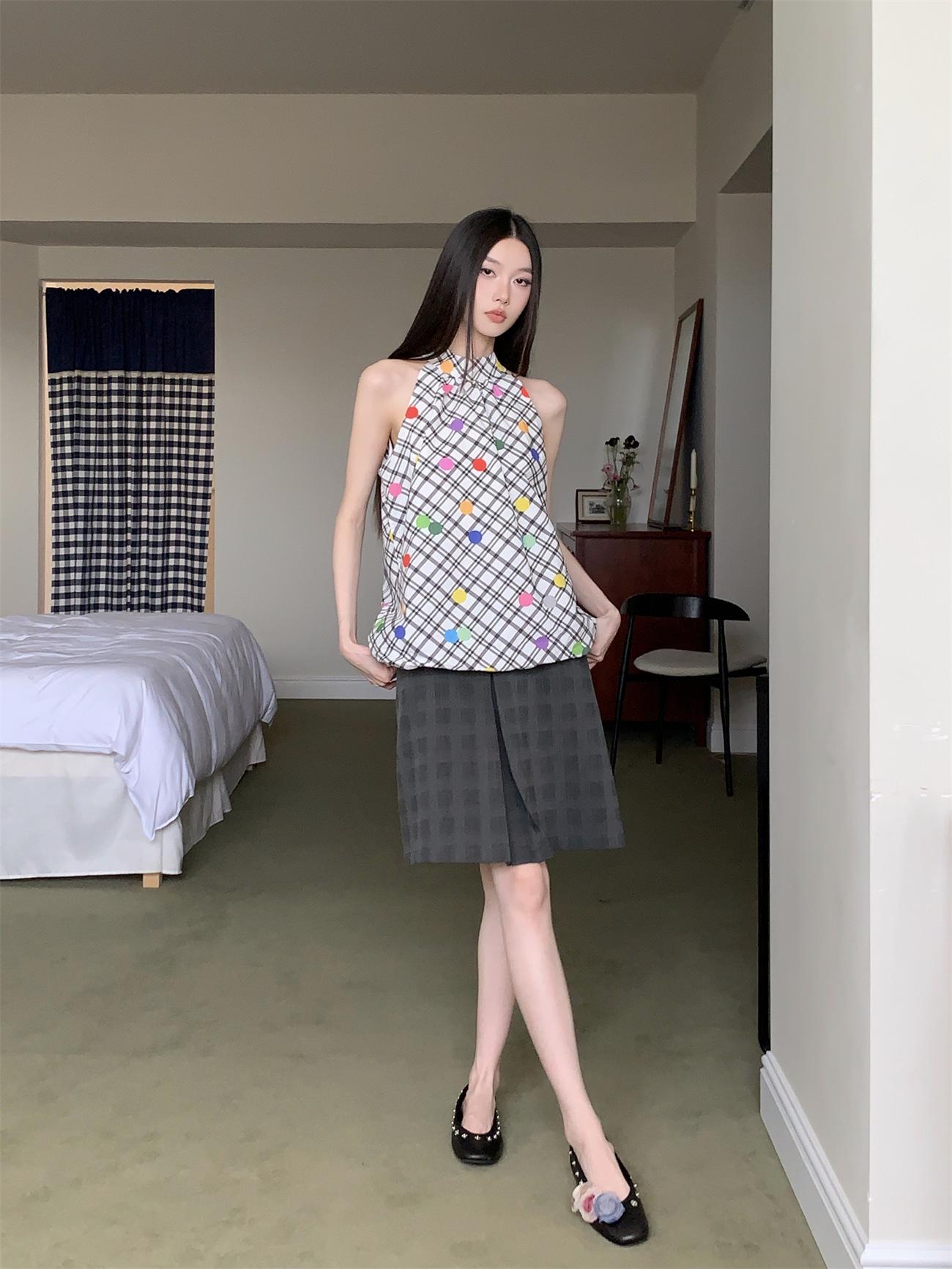 2026 Summer Women s Sleeveless Plaid Polka Dot Halter Top - Designer Slimming Fashion Small