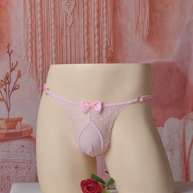 Men'S Sweet Bow Full Lace Underwear Sexy Sheer Sissy Pouch Panties Crossdressers Underwear Adjust Waist Low Waist T-Back Thong