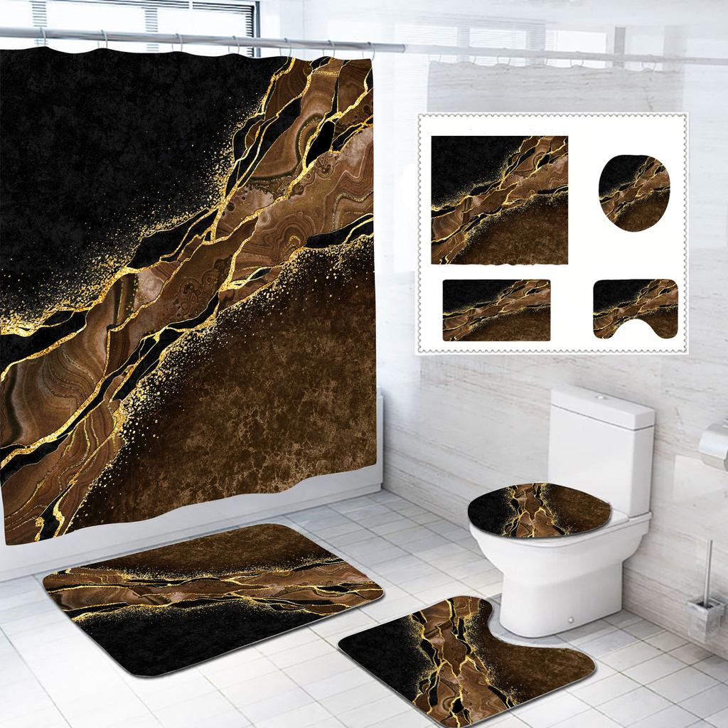 Bathroom Shower Curtain Floor Mat Four-Piece Set, Marble Style, Partition Curtain Floor Mat Three-Piece Set