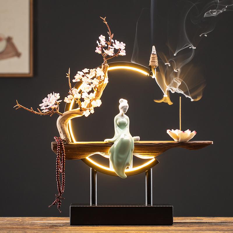 Chinese Style LED Ring Lamp with Backflow Incense Burner for Living Room Decor