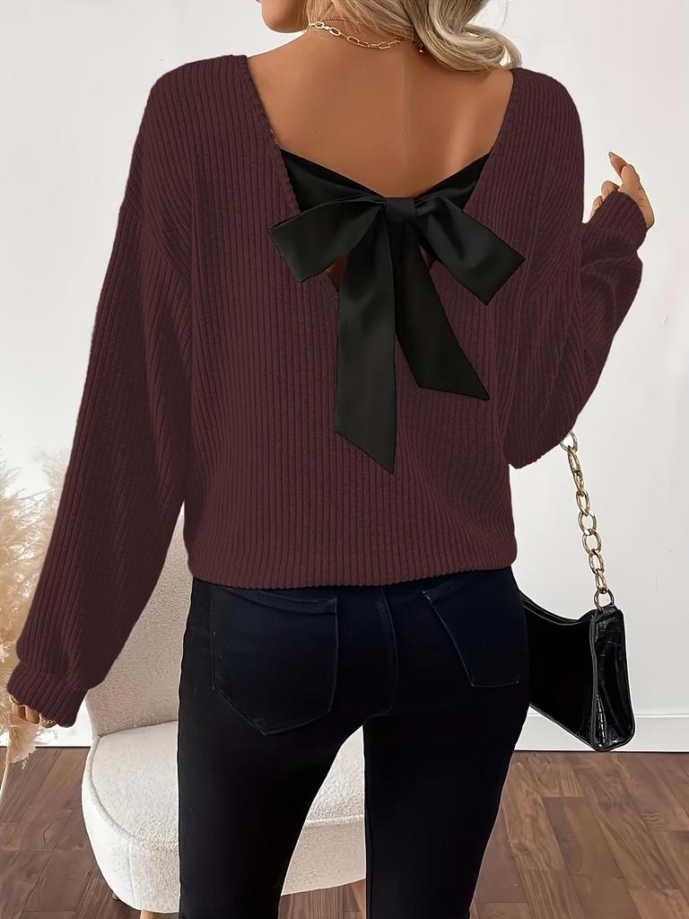 European & American Women's V-Neck Solid Sweater - Autumn Long Sleeve Casual Loose Bow Top