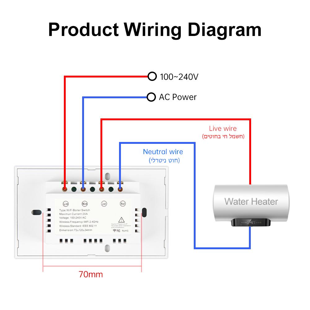 US Standard Wifi Tuya Smart Switch AU Wireless APP Touch Glass Panel Smart Water Heater Switch 20A 4400W AC Switch
