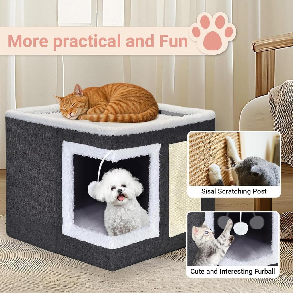 Foldable Cat Bed with Sisal Scratching Board & Tunnel, Indoor Outdoor Pet House with Removable Cushion