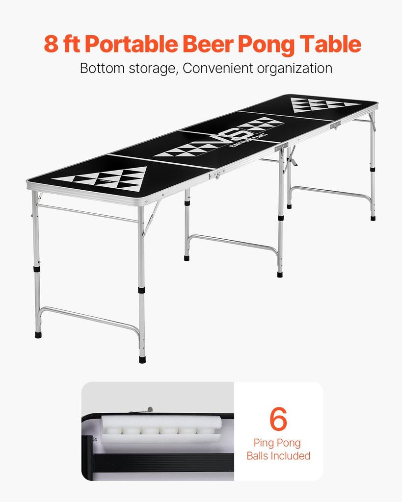 2.4 m Portable Beer Pong Table, Foldable Tailgate Table,Carrying Handles and 6 Pong Balls, Adjustable Height, Lightweight Table for Office, Tailgate