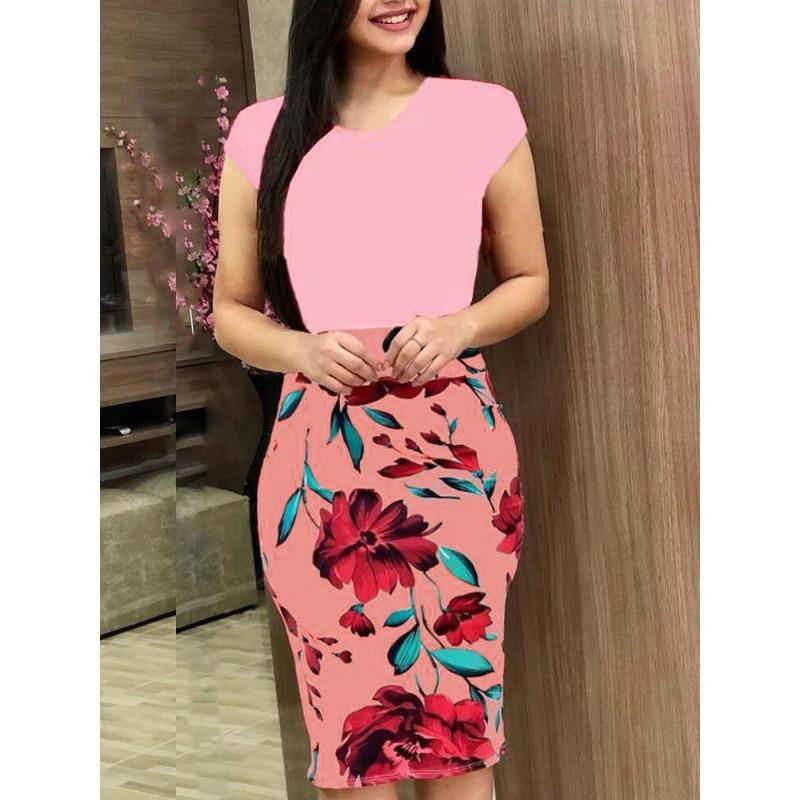 women's Color Block Floral Print Short Sleeve Bodycon Dress Round Neck Pencil Dress