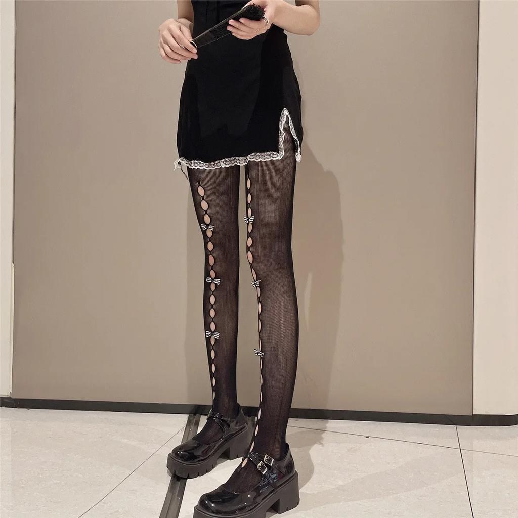 Neue Süße Niedliche Damen Strumpfhosen mit Schleife Japanischer Stil Lolita Kawaii Oberschenkelhohe Strumpfhose Strumpfhose Ausgeschnittene Netzstrumpfhose