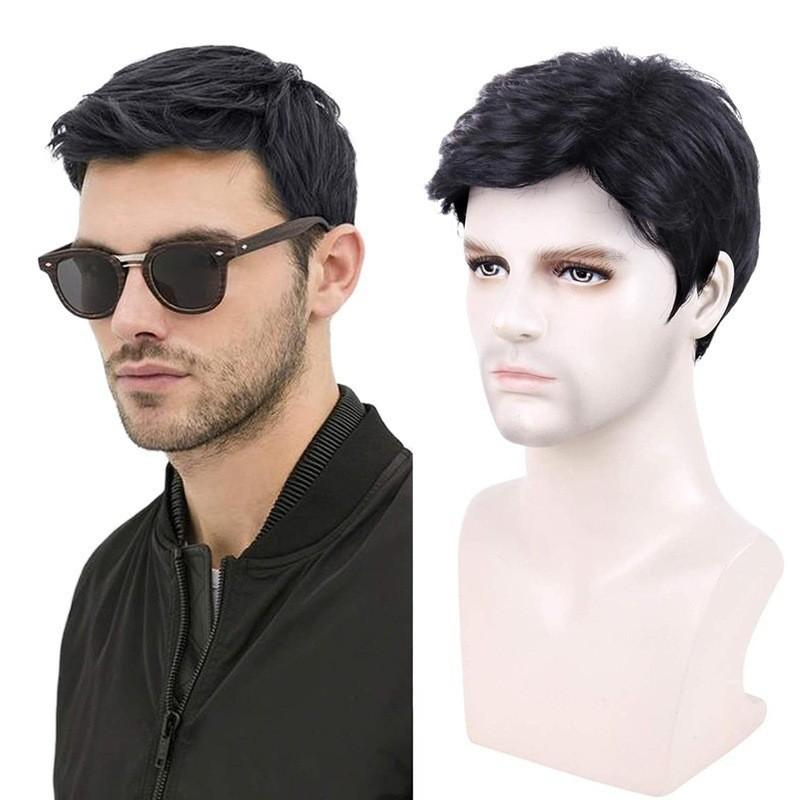European and American Style Men’s Short Black Synthetic Wig Natural Look Fluffy Rose Net Hairpiece