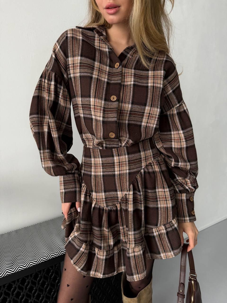 European and American cross-border women s fashion 2026 spring/autumn new sweet and fresh plaid long-sleeve shirt high-waisted ruffled high-waisted S темно-коричневого