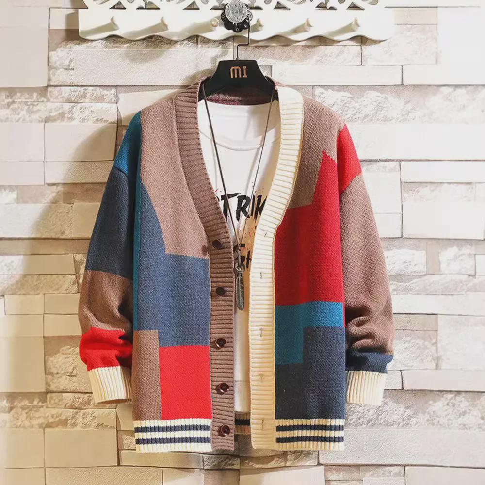 Men's Plus Size Loose Cashmere Patchwork Cardigan: Unique Autumn/Winter V-Neck Sweater