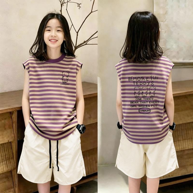 Girls' Trendy Stripe Patchwork Vest Set - Summer Sleeveless Two-Piece for Medium & Large Children