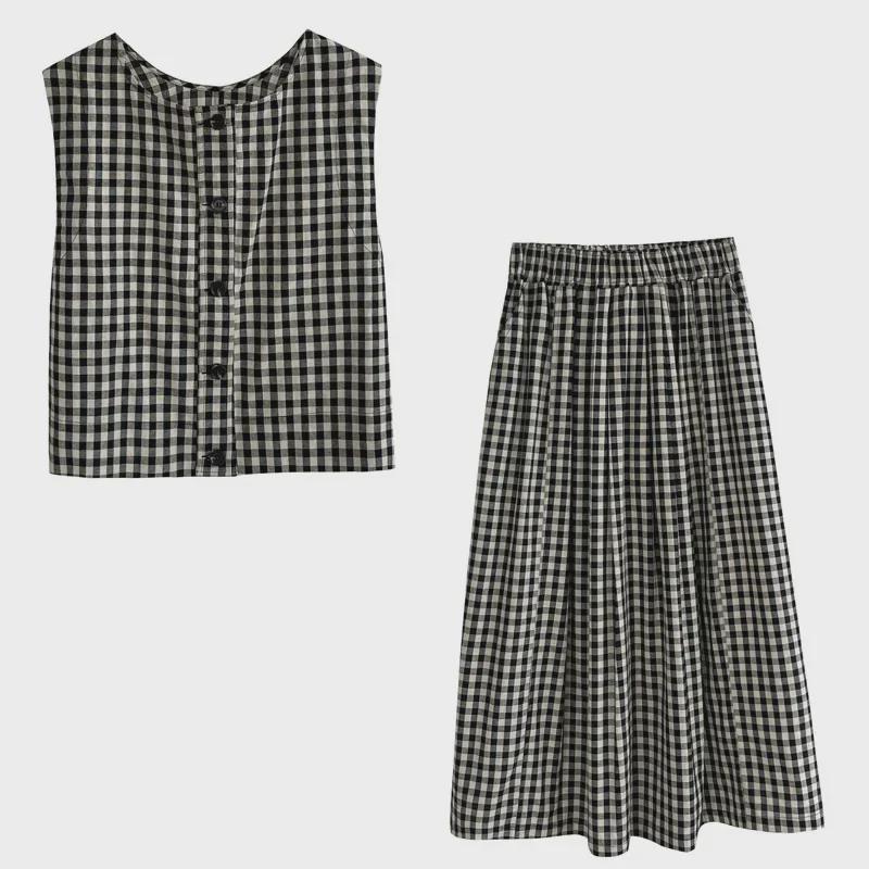 Taochuan Japonská Retro Kostkovaná Vesta Bez Rukávů a Elastická Sukně s Vysokým Pasem Set pro Ženy