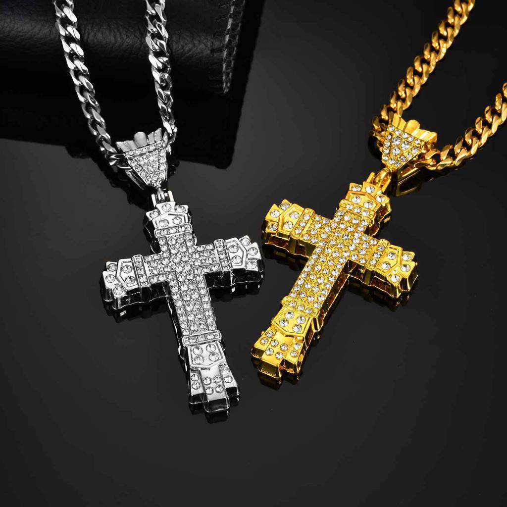 Hiphop Rhinestone Cross Necklace for Men Boys,Punk Rap Street Cool Cross Metal Pendant Necklace,Birthday Gift for Husband Dad