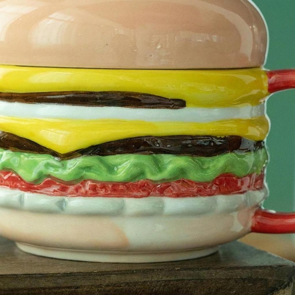 Ceramic Coffee Mug with Lid Burger Shaped Breakfast Cup Creative Kitchen Mug for Home Office Tea Coffee