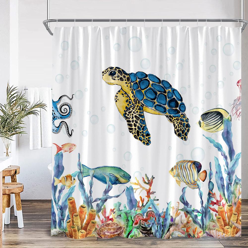 Nautical Marine Life Shower Curtain Anchor Sea Turtle Seastar Octopus Seashell Coral Ocean Summer Bathroom Curtain Decoration