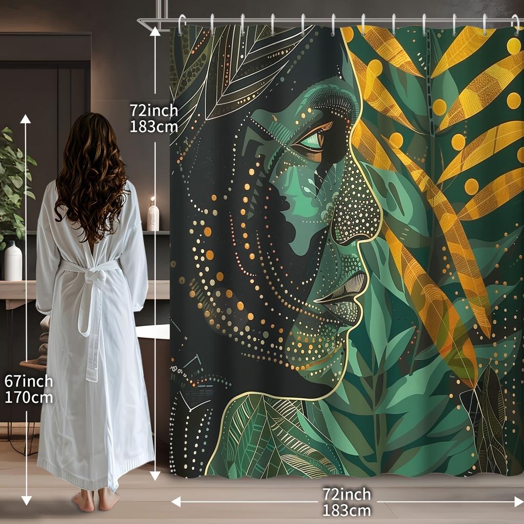 Creative Abstract Geometric Green Theme Figure Bohemian Vintage Gold Green Plants Pattern Shower Curtain With Hooks