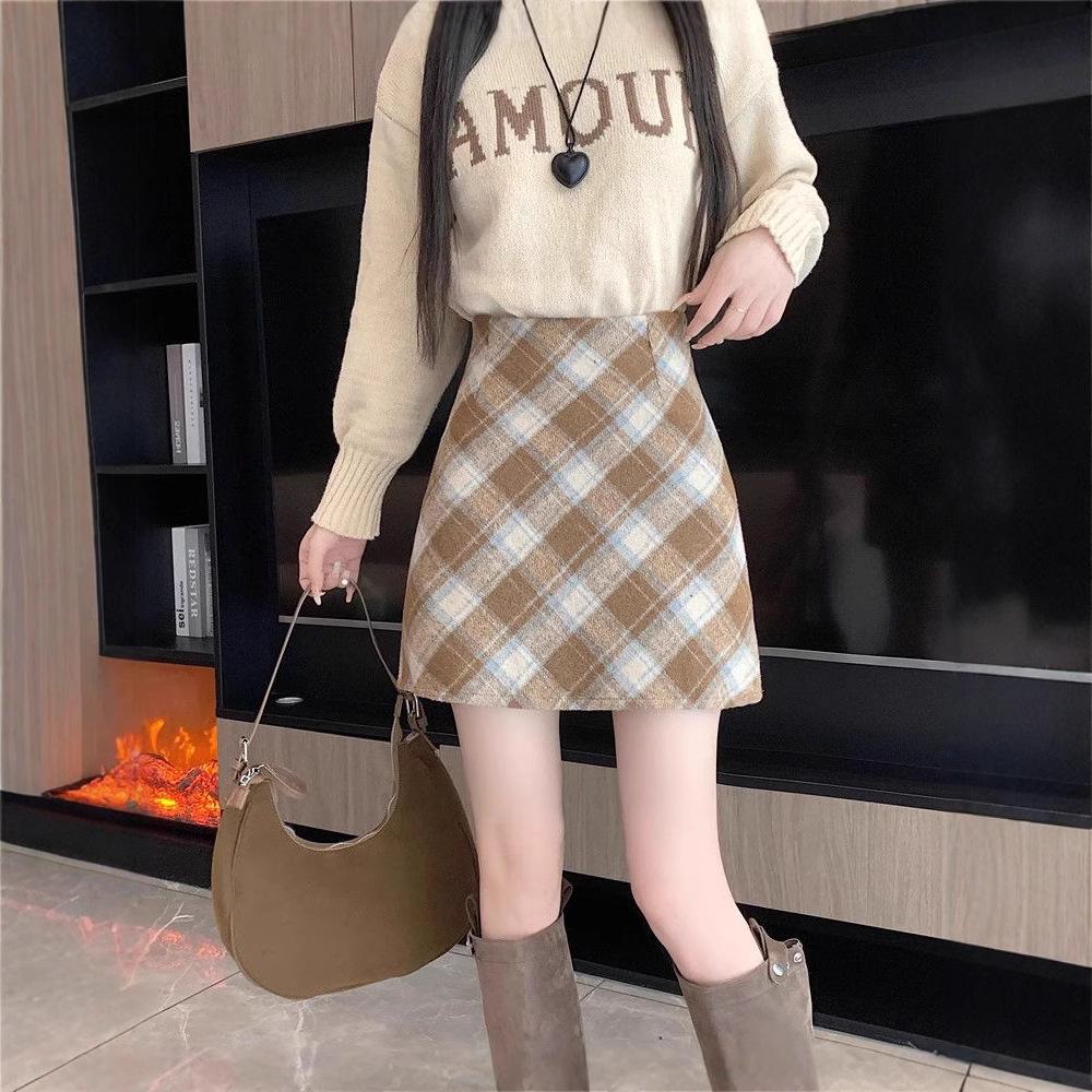 Women's High Waist Plaid Wool Midi Skirt - Autumn/Winter Bodycon Slimming Style