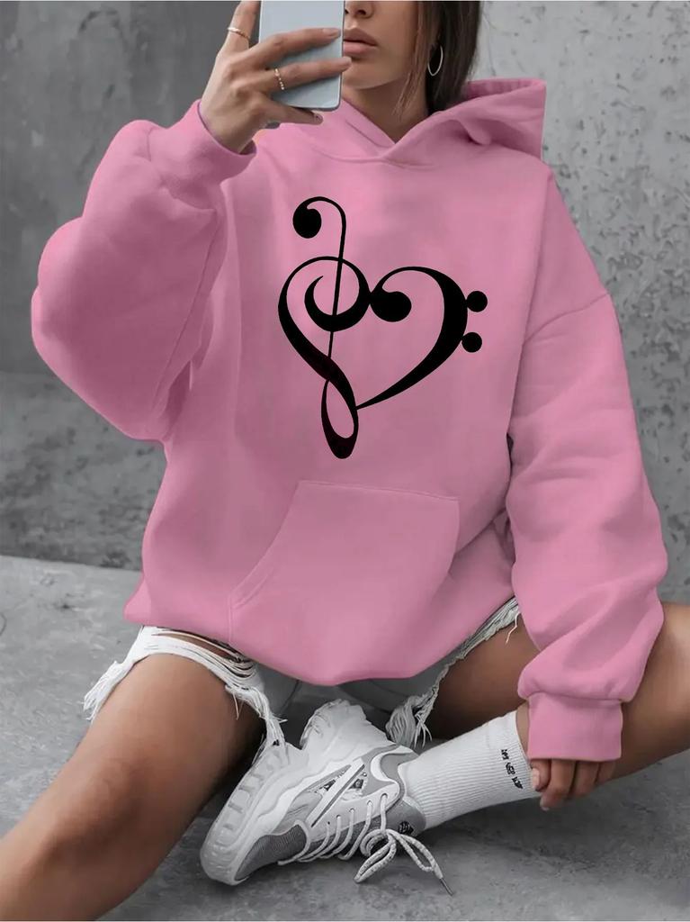 Autumn Winter Women Hoodie Musical Note Heart Printed Casual Pullover Soft Four Seasons Comfortable Pattern Minimalist Loose Top