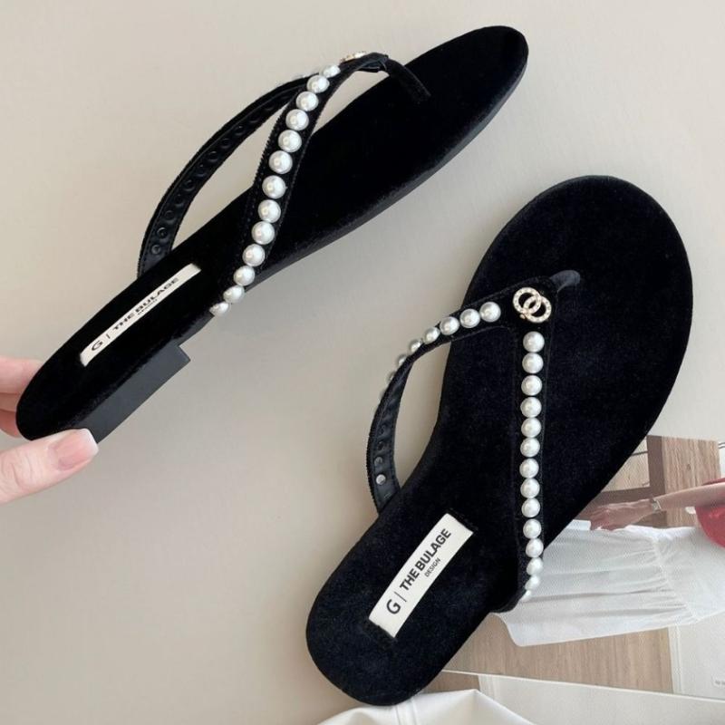 Fashion Luxury Pearl Rhinestone Flat Sandals Women Summer Brand Fashion Flip-flops Open Toe Non-slip Comfortable Casual Beach Sandals