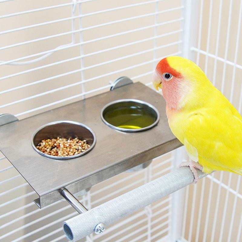 Stainless Steel Parrot Feeders With Double Cup Standing Perch Platform For Cage Bird Rabbits Ferrets Watering Feeding Use