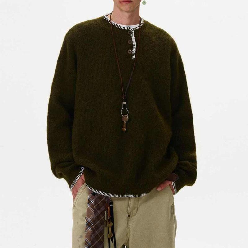 

Vintage Henry Collar Button American Sweaters Men s Solid Color Autumn Winter New Loose Bright Line Decoration Knitted Pullovers M