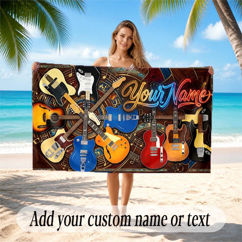 Music Guitar Theme Beach Towel Personalized Custom Name & Text Soft Quick Dry Beach Towel for Swimming Travel