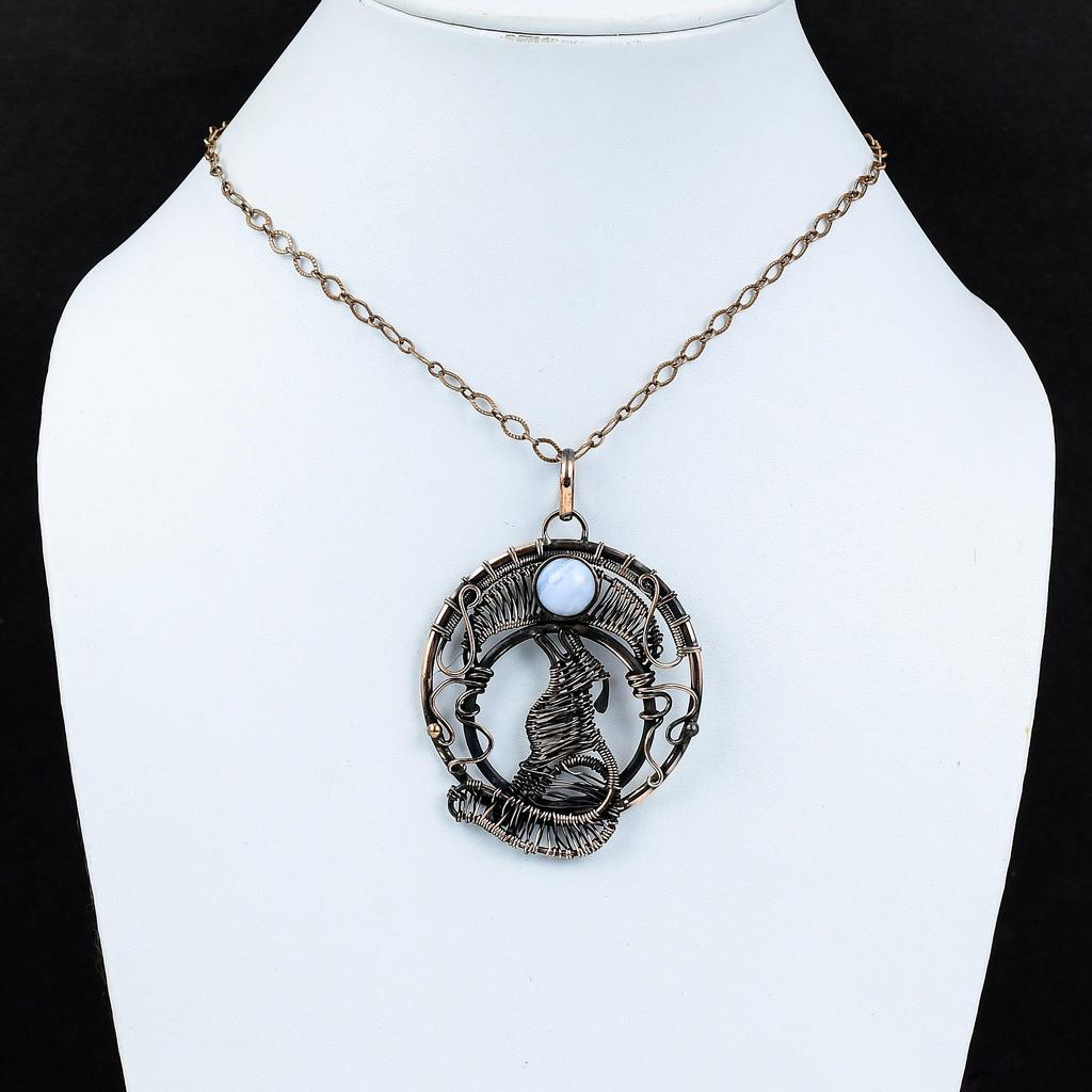 Blue Lace Agate Pendant Real Gemstone Pendant Copper Wire Wrapped Pendant Handmade Copper Jewelry Gift For Her Dog Pendant Wire Wrap Jewelry