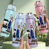 1PC Coffee Life Character Design 750ml Color Plastic Sports Water Bottle Leakproof Flip Straw Lid Suitable for Sports Office Home Use