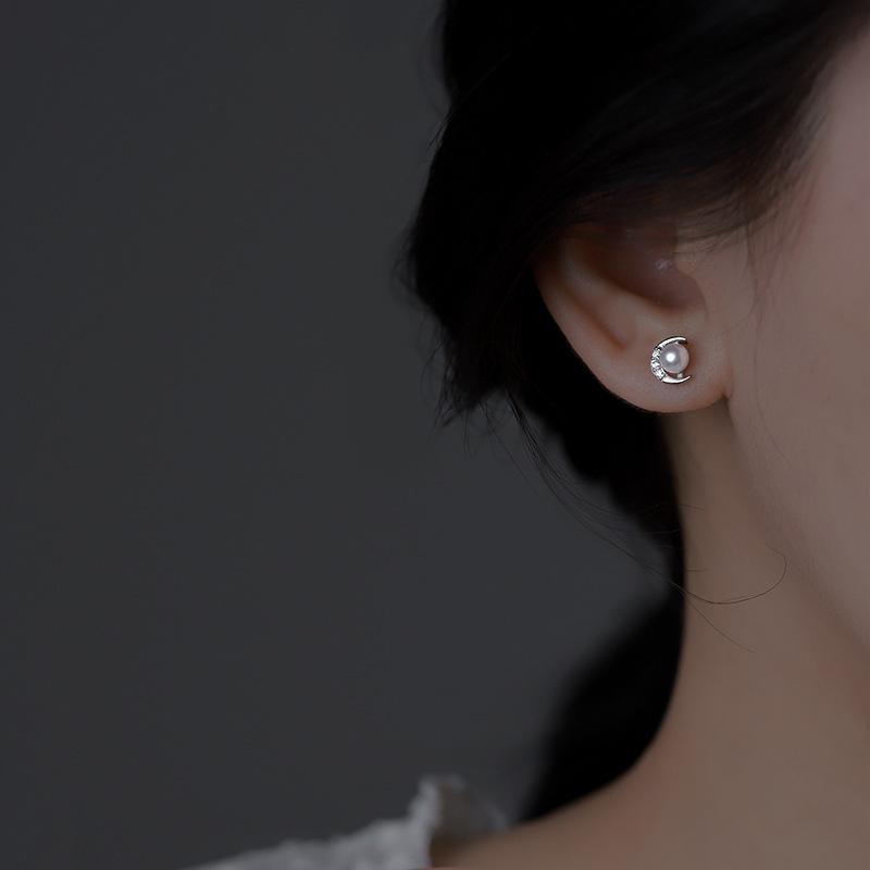 925 Sterling Silver Crytal Moon Pearl Stud Earrings For Woman Christmas Gifts Piercing Jewelry Aretes De Mujer Party Gift