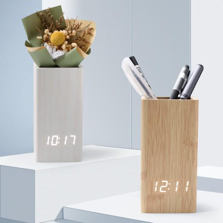 Wooden Alarm Clock Pen Holder: Time, Temperature & Date Display for Students