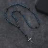 Vintage Cross Blue Tiger Eye Stone Beaded Long Necklace for Men Women Spiritual Religious Jewelry Gift for Daily Wear PartyGood Product