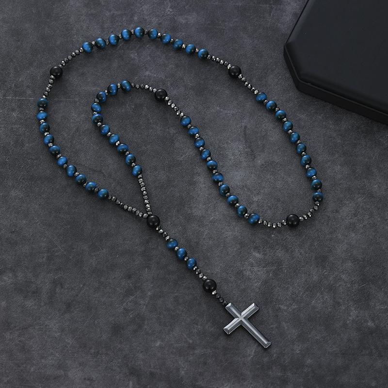 Vintage Cross Blue Tiger Eye Stone Beaded Long Necklace for Men Women Spiritual Religious Jewelry Gift for Daily Wear PartyGood Product