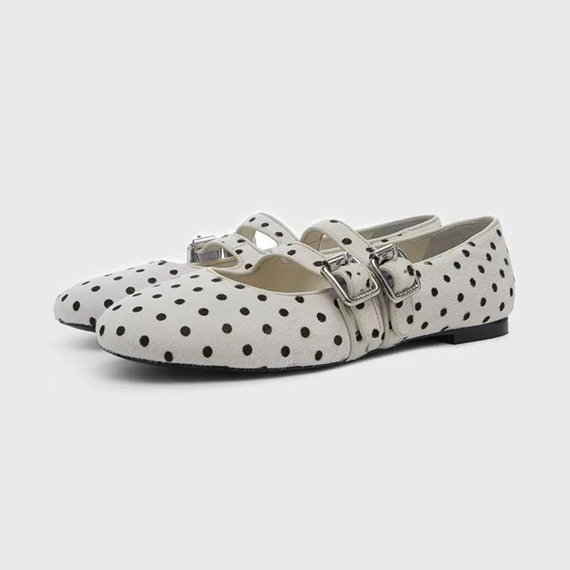 Fashion French Speckled Round Toe Shallow Mouth Double Strap Mary Jane Single Shoe Women's 2025 Spring Versatile Ballet Flat Shoes