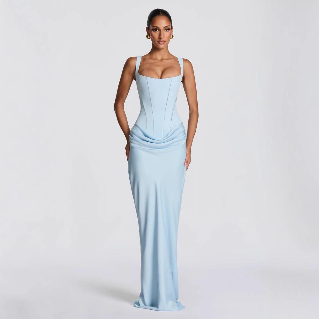 2026 European Style Spring Solid Color Sleeveless Slim-fit Pleated Square Neck Dress
