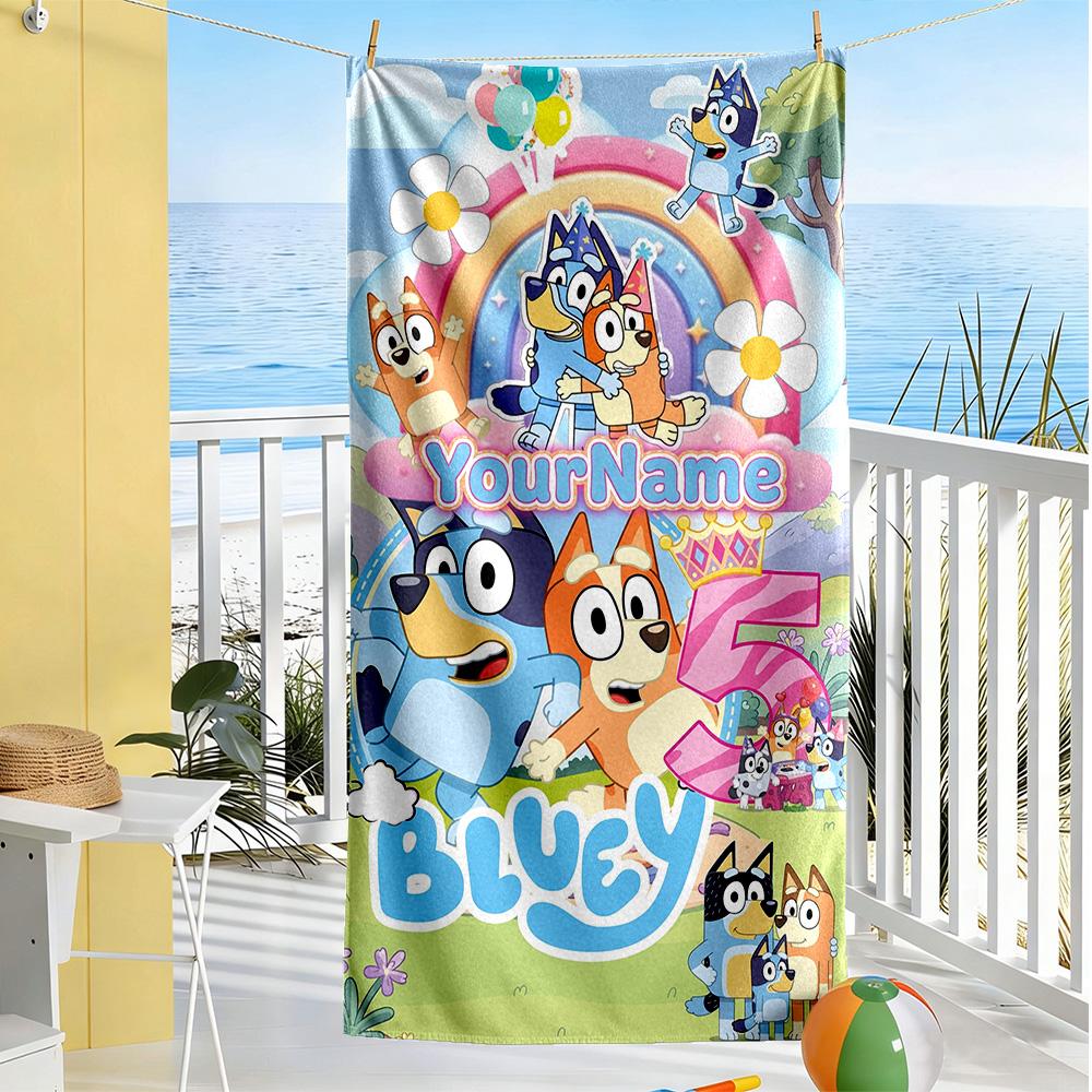 Bluey Customize Your Name Beach Towel Soft Durable Quick-Dry Ideal for Travel Outdoor Swim Pool Yoga Surf Camping Hiking Gym Gift Holiday