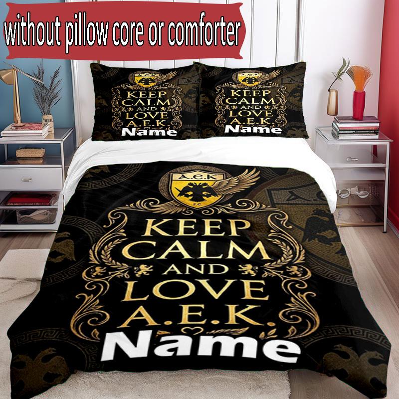 3pcs Duvet Cover Set (1*Duvet Cover + 2*Pillowcase, Without Core), Custom Name AEK Athens FC Pattern Bedding Set, Home Bedroom Decor Gift