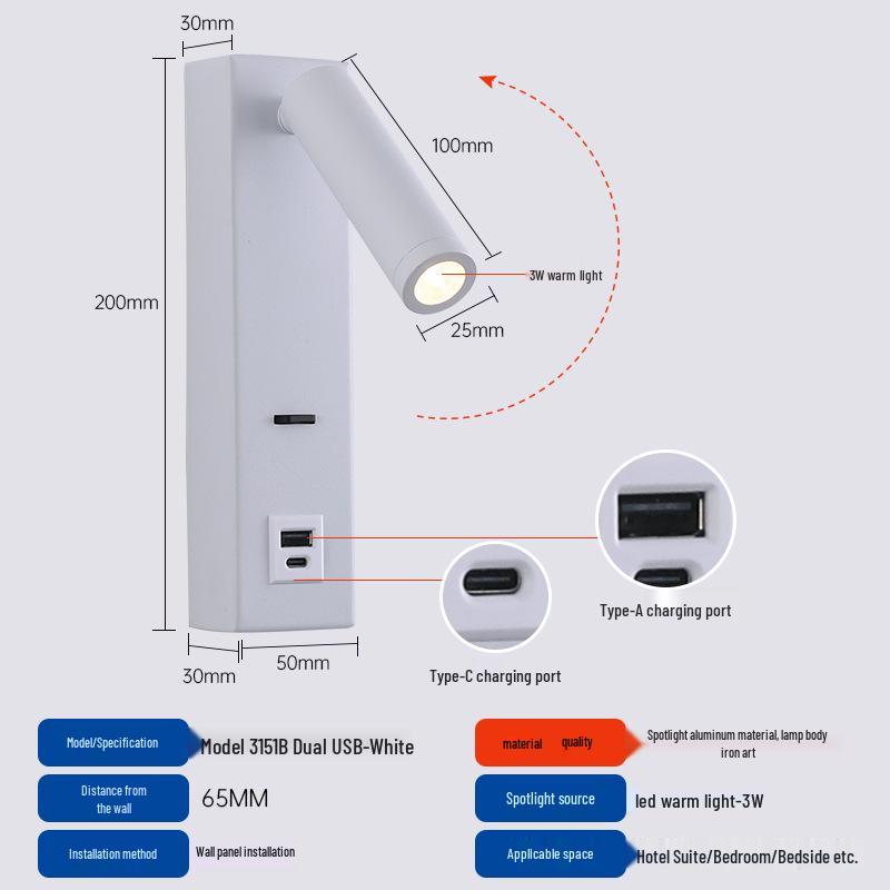 Rotatable Type-C USB Wall Lamp with Switch for Bedroom, Study, or Hotel