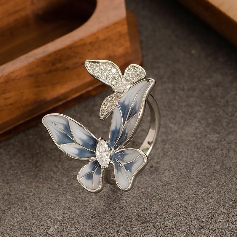 Adjustable Open Ring Women With Enamel Flower Design Zircon Accents Fashion OL Style Copper Jewelry