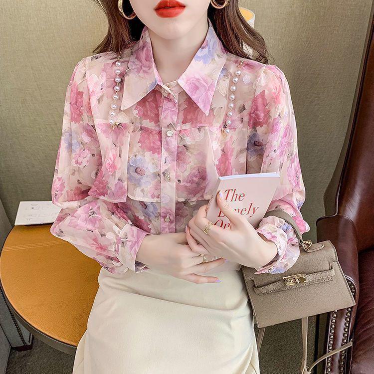

2024 Spring Floral Polo Collar Long Sleeve Cardigan with Pearl Chain XXL синій