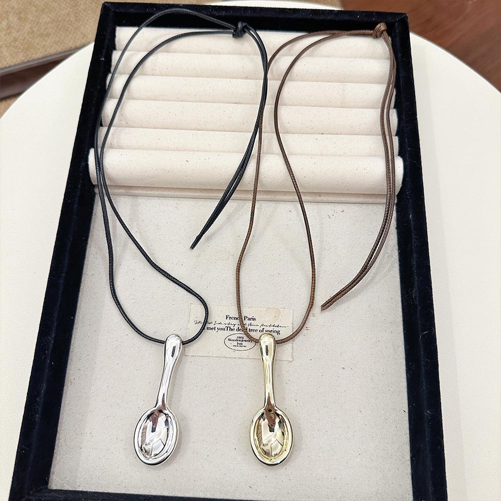 Wu Xin Silver Spoon Pendant Necklace - Niche Fun Black Rope Long Chain for Autumn/Winter Sweaters