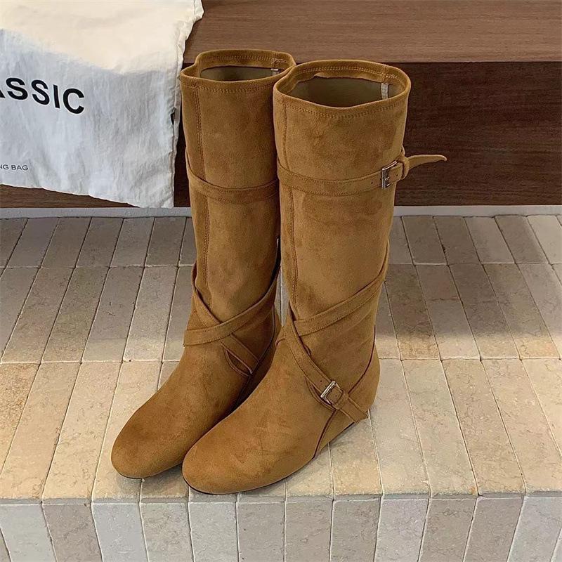 2025 autumn and winter new pile boots retro matte suede inner cross belt buckle boots western cowboy high boots