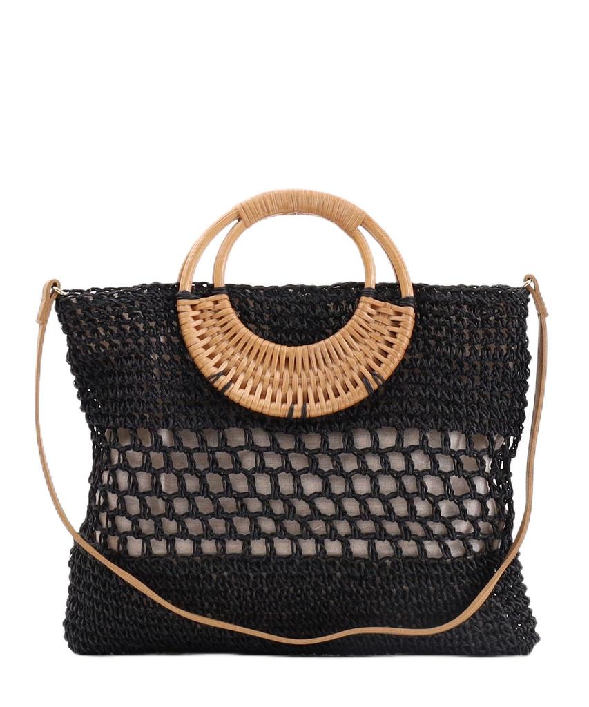 Rattan Round Handle X Paper Black [Cuko] Handbag, 2-way bag/A4 Size, Women's, (019)