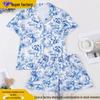 Conjunto de Pijama con Estampado de Halloween Estilo Europeo-Americano: Cuello de solapa, Transpirable, Manga corta y Pantalones cortos